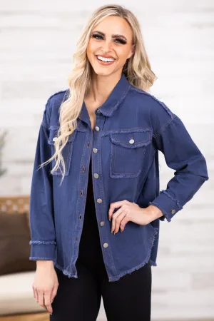 Dark Wash Fray Hem Drop Shoulder Denim Jacket