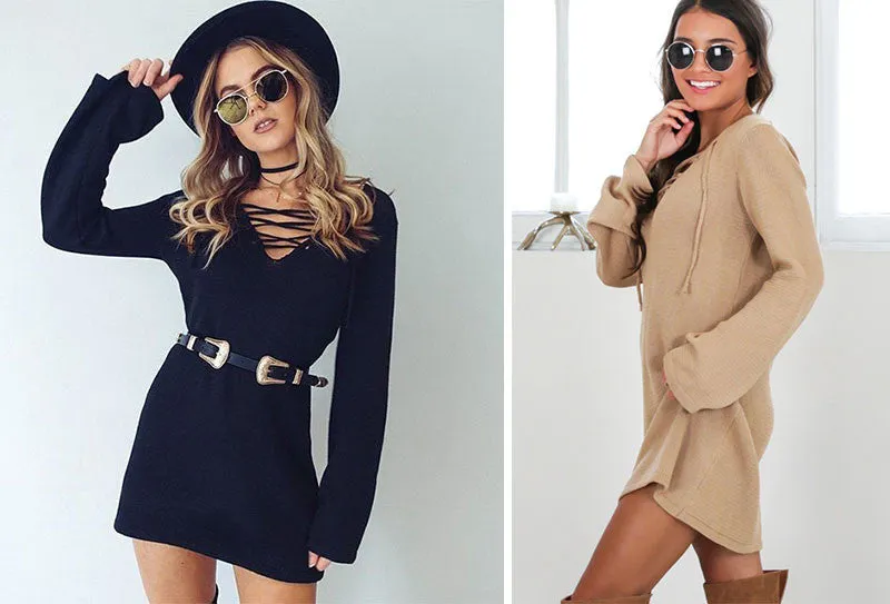Lace Up Flare Sleeve Sweater Dress - Khaki