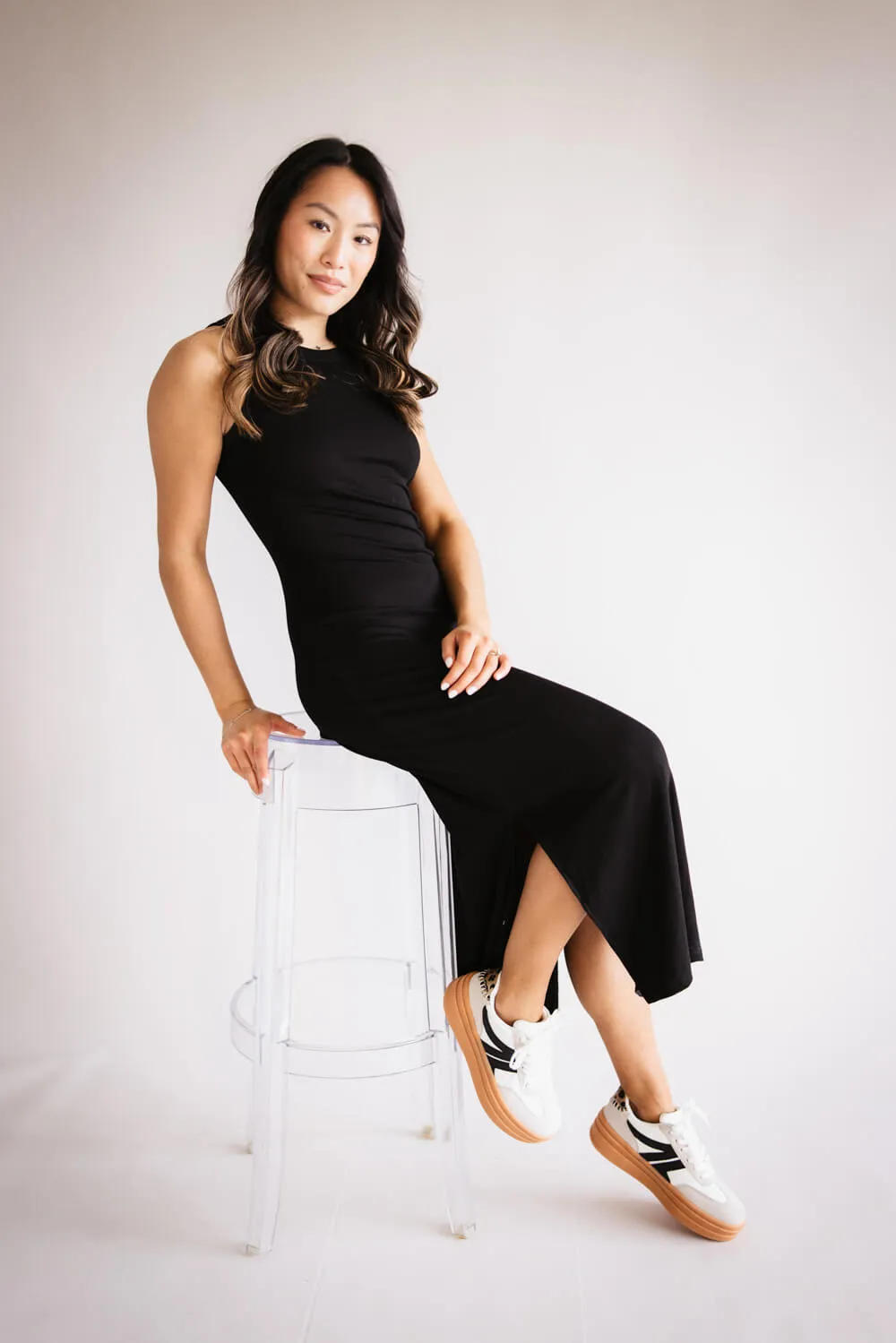 Ribbed Knit Side Slit Dress for Women in Black | H42982-BLK
