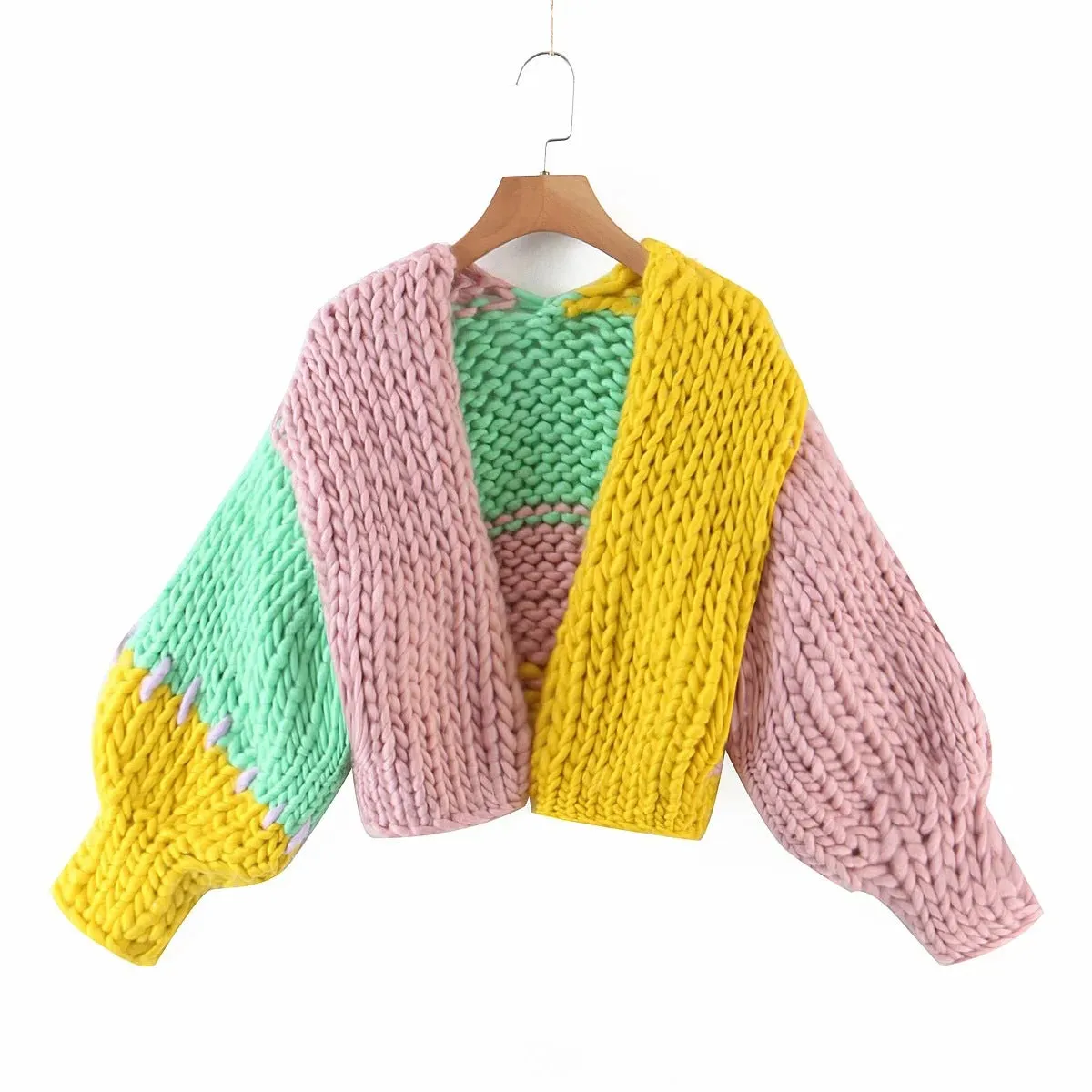 V-neck Stripe Lantern Sleeve Knit Sweater Outerwear
